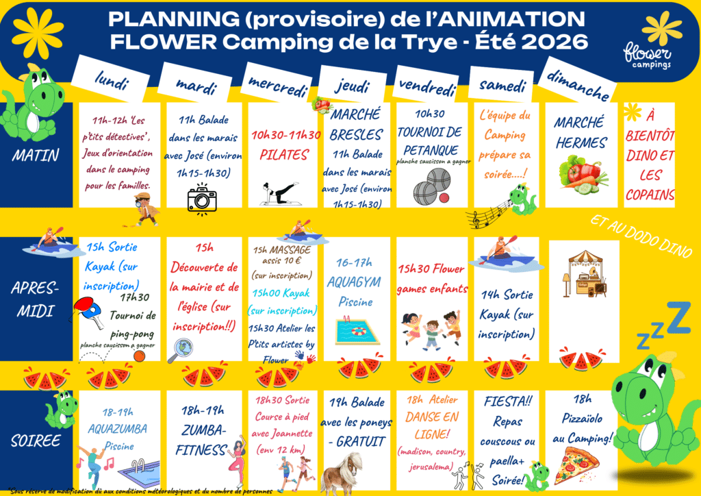 planning camping de la trye 2026